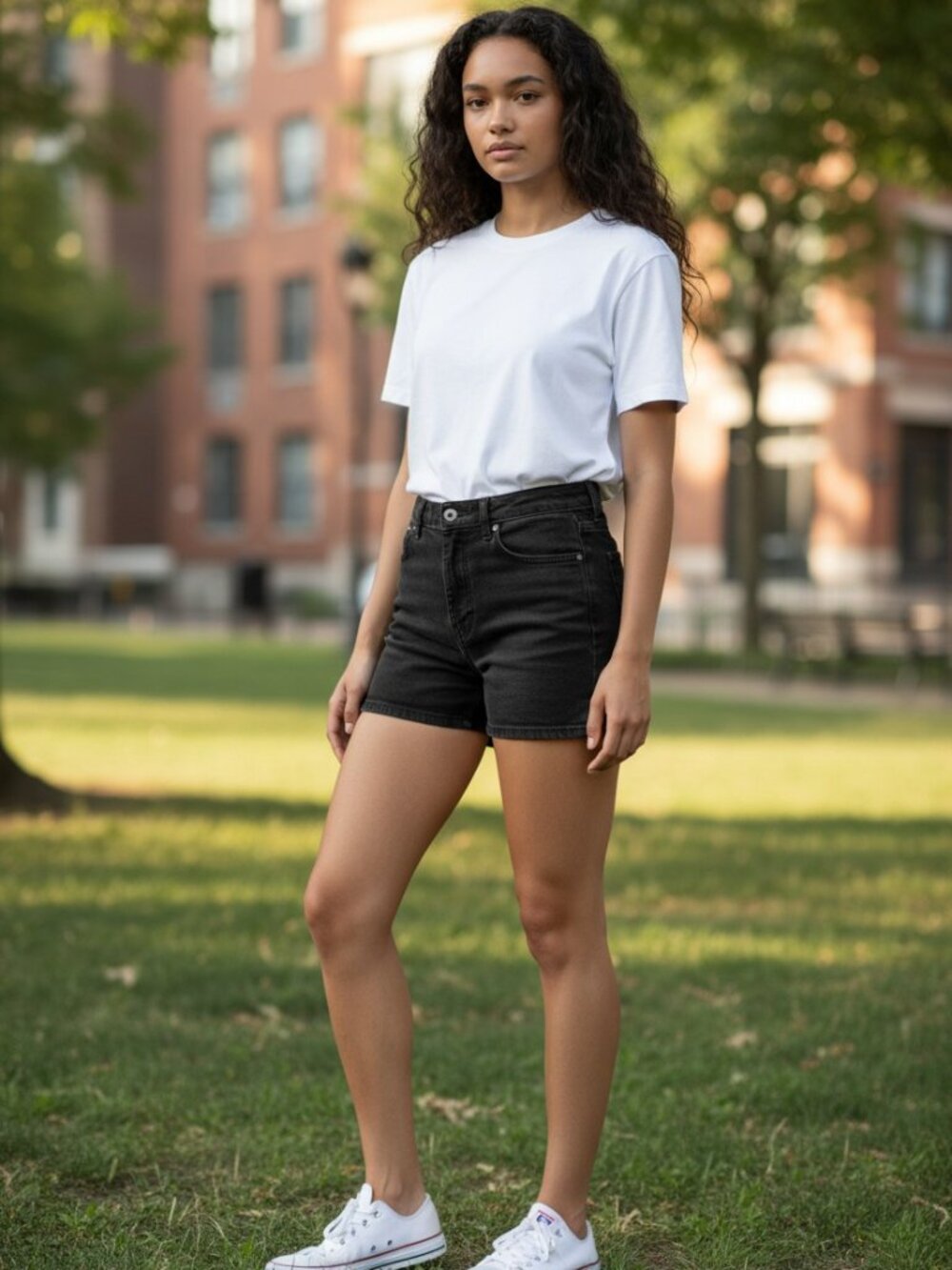 H&M High Waist Stretch Denim Shorts in black.